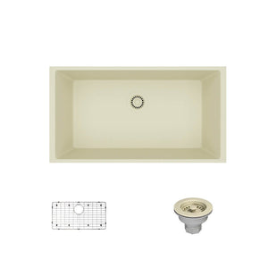 R3-1006-ECR-ST-CGS Ecru Single Bowl Undermount Quartz Granite Kitchen Sink with Grid and Matching Colored Strainer