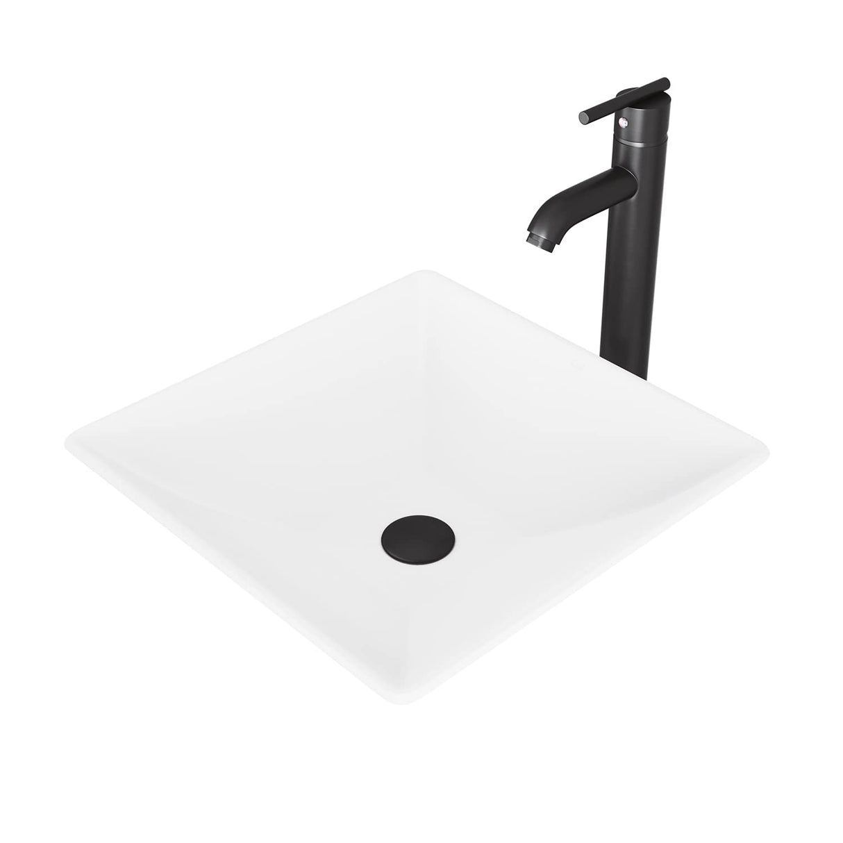 VIGO VGT1017 16.0" L -16.0" W -13.0" H Handmade Countertop Matte Stone Square Vessel Bathroom Sink Set in Matte White Finish with Matte Black Single-Handle Single Hole Faucet and Pop Up Drain