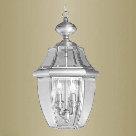 Livex Lighting 2255-91 Monterey 2 Light Outdoor Brushed Nickel Finish Solid Brass Hanging Lantern with Clear Beveled Glass
