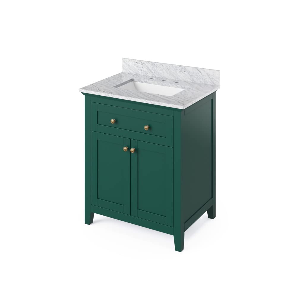 Jeffrey Alexander VKITCHA30GNWCR 30" Forest Green Chatham Vanity, White Carrara Marble Vanity Top, undermount rectangle bowl