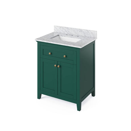 Jeffrey Alexander VKITCHA30GNWCR 30" Forest Green Chatham Vanity, White Carrara Marble Vanity Top, undermount rectangle bowl