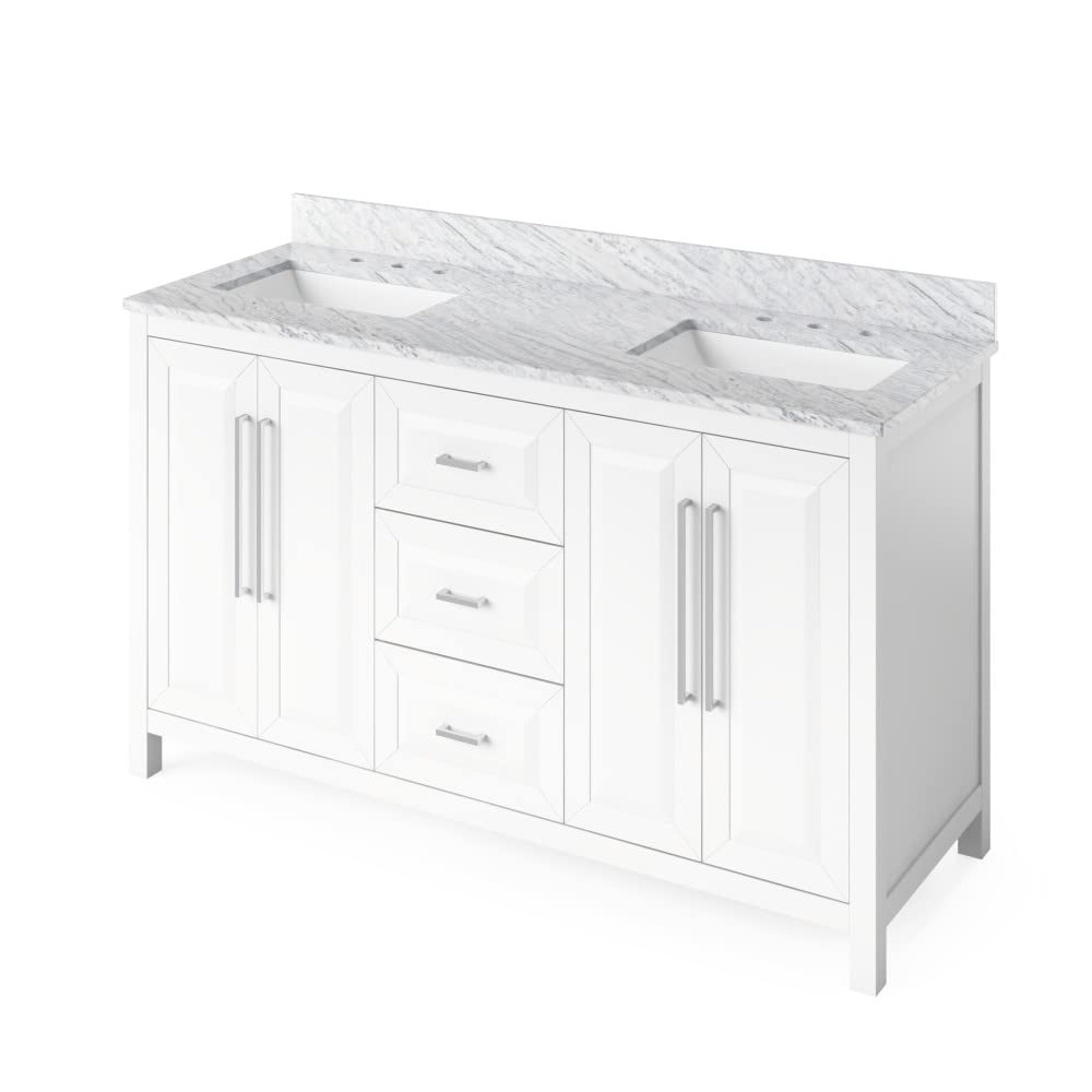 Jeffrey Alexander VKITCAD60WHWCR 60" White Cade Vanity, double bowl, White Carrara Marble Vanity Top, undermount rectangle bowl