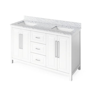 Jeffrey Alexander VKITCAD60WHWCR 60" White Cade Vanity, double bowl, White Carrara Marble Vanity Top, undermount rectangle bowl