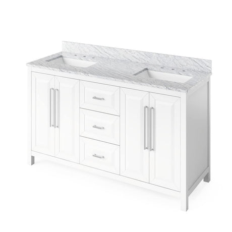 Jeffrey Alexander VKITCAD60WHWCR 60" White Cade Vanity, double bowl, White Carrara Marble Vanity Top, undermount rectangle bowl