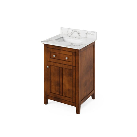 Jeffrey Alexander VKITCHA24CHCQR 24" Chocolate Chatham Vanity, Calacatta Vienna Quartz Vanity Top, undermount rectangle bowl