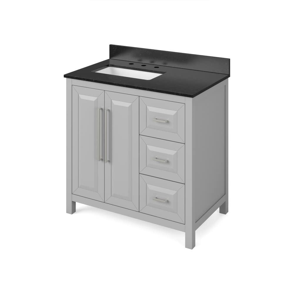 Jeffrey Alexander VKITCAD36GRBGR 36" Grey Cade Vanity, left offset, Black Granite Vanity Top, undermount rectangle bowl