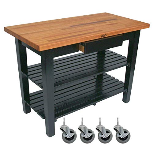 John Boos OC4830C-D-2S-BK Oak Table Block With 2 Shelves 1 Drawer, and Casters, 48" W x 30" D 35" H, Black