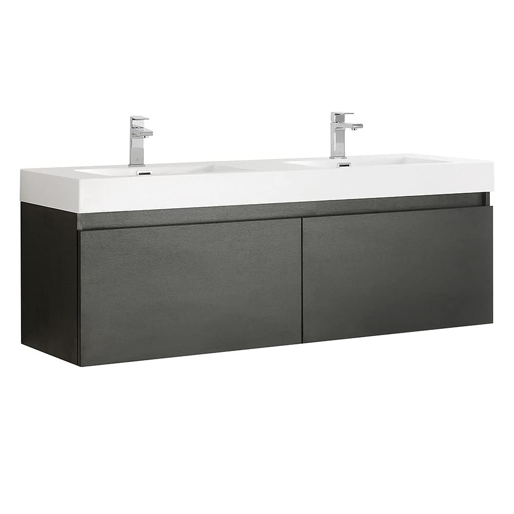 Fresca FCB8042BW-I Fresca Mezzo 60" Black Wall Hung Double Sink Modern Bathroom Cabinet w/ Integrated Sink
