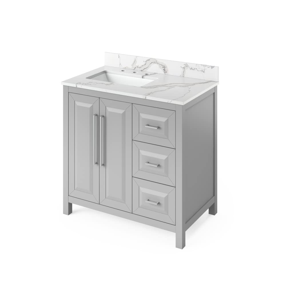 Jeffrey Alexander VKITCAD36GRCQR 36" Grey Cade Vanity, left offset, Calacatta Vienna Quartz Vanity Top, undermount rectangle bowl