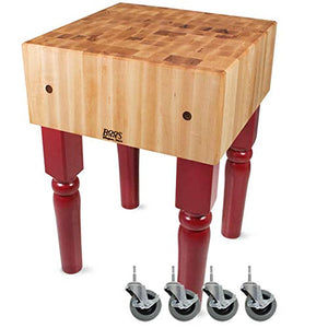 John Boos AB07-C-BN AB Series Block with 10" Thick Hard Maple Top, With Casters, 30" W x D 10"H, 34" Overall Height, Barn Red BLOCK 30X30X10 W/CASTERS-