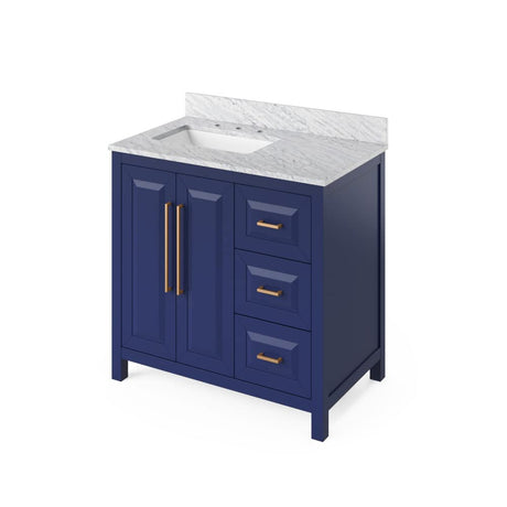 Jeffrey Alexander VKITCAD36BLWCR 36" Hale Blue Cade Vanity, left offset, White Carrara Marble Vanity Top, undermount rectangle bowl