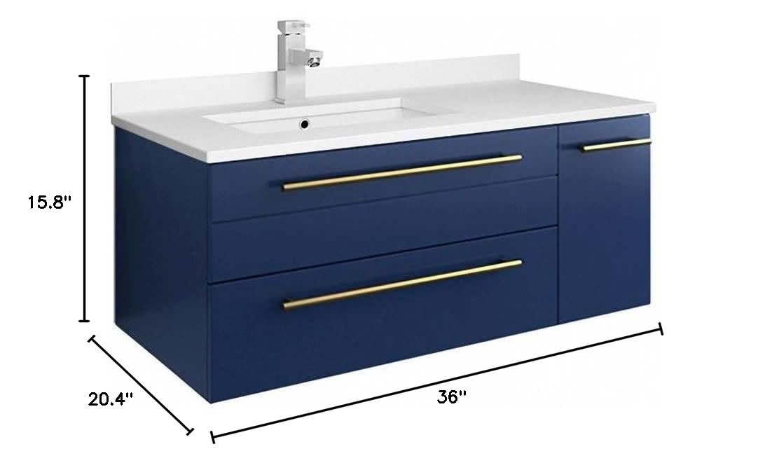 Fresca FCB6136RBL-UNS-L-CWH-U Fresca Lucera 36" Royal Blue Wall Hung Modern Bathroom Cabinet w/ Top & Undermount Sink - Left Version