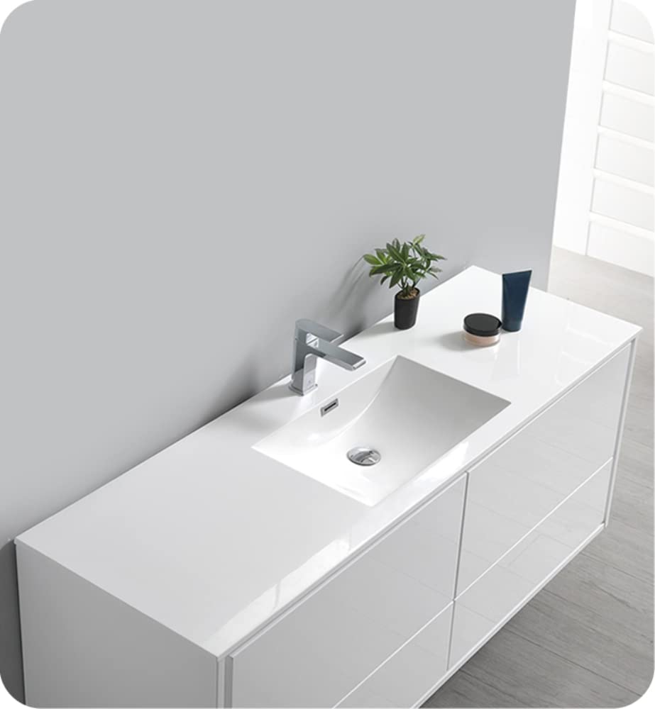 Fresca FCB9260WH-S Fresca Catania 60" Glossy White Wall Hung Single Sink Modern Bathroom Cabinet