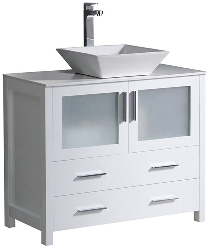 Fresca FCB6236WH-CWH-V Fresca Torino 36" White Modern Bathroom Cabinet w/ Top & Vessel Sink