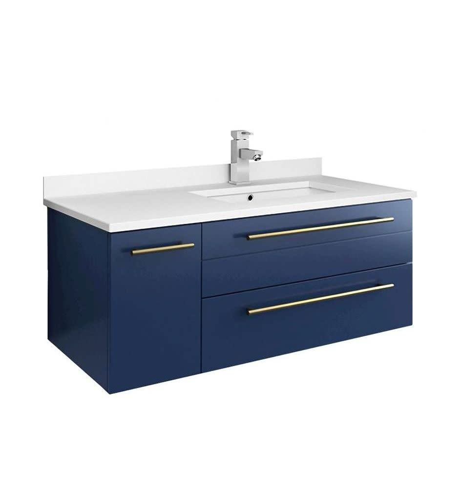 Fresca FCB6136RBL-UNS-R-CWH-U Fresca Lucera 36" Royal Blue Wall Hung Modern Bathroom Cabinet w/ Top & Undermount Sink - Right Version