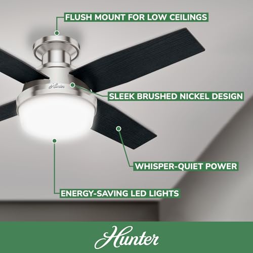 Hunter Fan Dempsey Low Profile Ceiling Fans with Lights and Remote, Flush Mount Ceiling Fan with Lights, Metal, Brushed Nickel Finish, 44 Inch LED