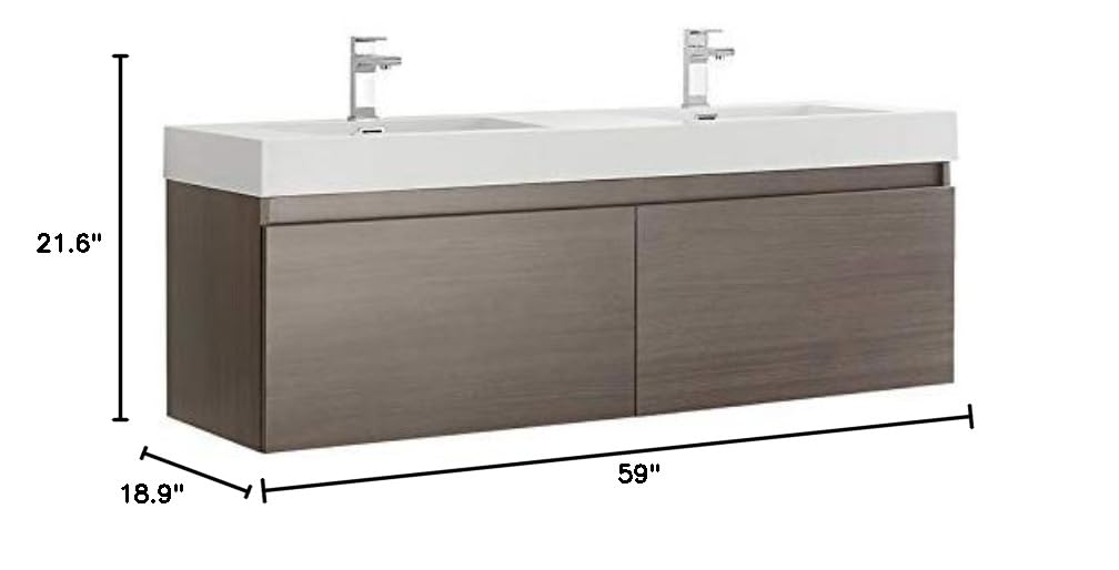 Fresca FCB8042GO-I Fresca Mezzo 60" Gray Oak Wall Hung Double Sink Modern Bathroom Cabinet w/ Integrated Sink
