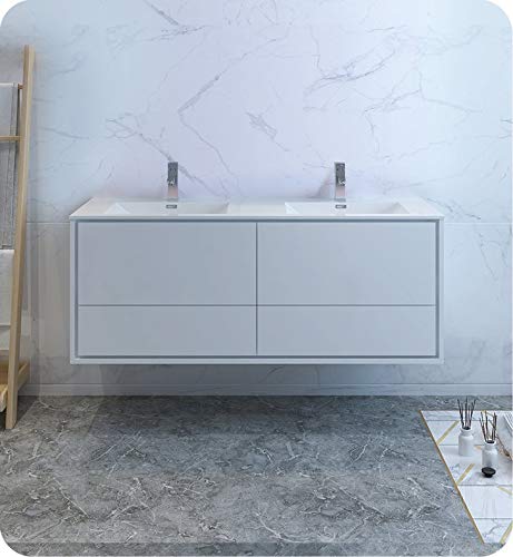 Fresca FCB9260WH-D-I Fresca Catania 60" Glossy White Wall Hung Modern Bathroom Cabinet w/ Integrated Double Sink