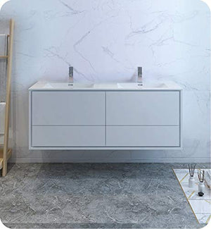 Fresca FCB9260WH-D-I Fresca Catania 60" Glossy White Wall Hung Modern Bathroom Cabinet w/ Integrated Double Sink