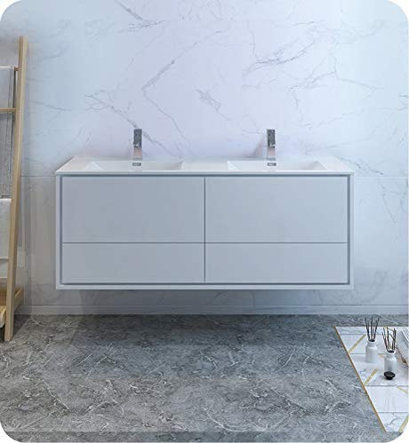 Fresca FCB9260WH-D-I Fresca Catania 60" Glossy White Wall Hung Modern Bathroom Cabinet w/ Integrated Double Sink