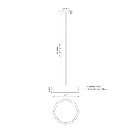 Kuzco PD7916-WOR DALTON PENDANT 16" WHITE ORGANZA SHADE 25W 3000K 90CRI CADJA BN ROD