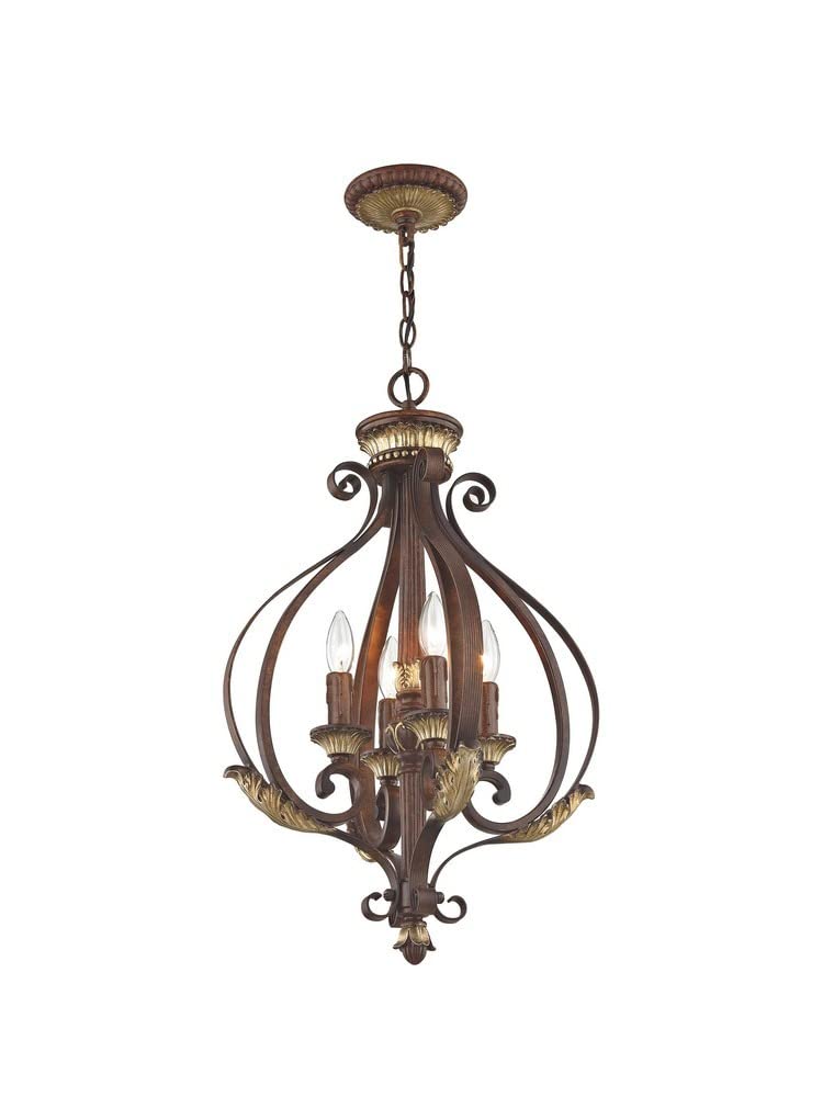 Livex Lighting 8556-63 Villa Verona 4 Light Verona Bronze Finish Foyer Chandelier with Aged Gold Leaf Accents and Rustic Art Glass