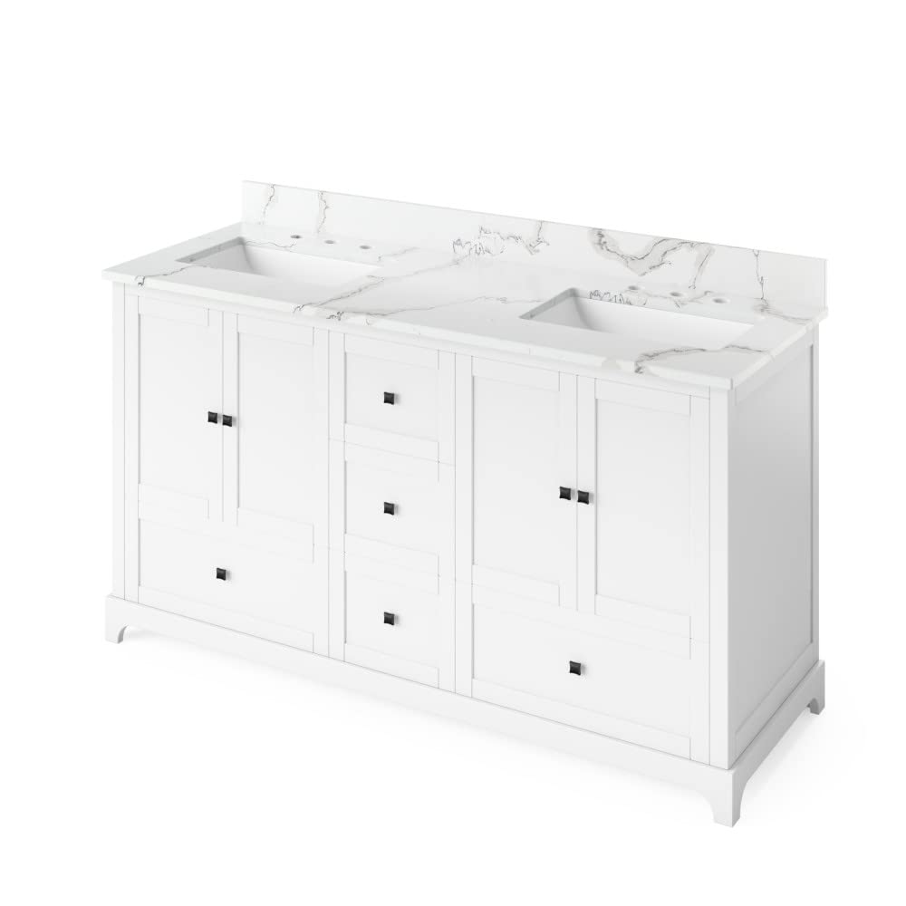 Jeffrey Alexander VKITADD60WHCQR 60" White Addington Vanity, double bowl, Calacatta Vienna Quartz Vanity Top, two undermount rectangle bowls