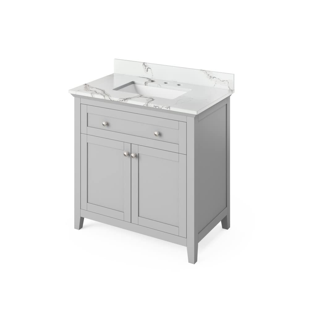 Jeffrey Alexander VKITCHA36GRCQR 36" Grey Chatham Vanity, Calacatta Vienna Quartz Vanity Top, undermount rectangle bowl