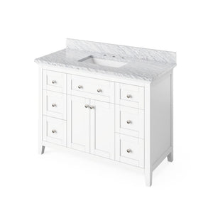 Jeffrey Alexander VKITCHA48WHWCR 48" White Chatham Vanity, White Carrara Marble Vanity Top, undermount rectangle bowl