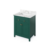 Jeffrey Alexander VKITCHA30GNCQR 30" Forest Green Chatham Vanity, Calacatta Vienna Quartz Vanity Top, undermount rectangle bowl