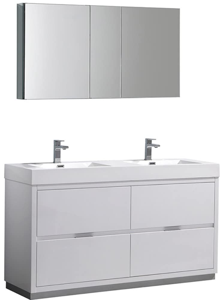 Fresca FVN8460WH-D Fresca Valencia 60" Glossy White Free Standing Double Sink Modern Bathroom Vanity w/ Medicine Cabinet