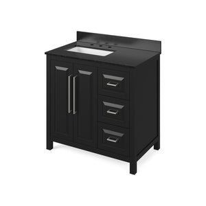 Jeffrey Alexander VKITCAD36BKBGR 36" Black Cade Vanity, left offset, Black Granite Vanity Top, undermount rectangle bowl