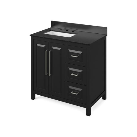 Jeffrey Alexander VKITCAD36BKBGR 36" Black Cade Vanity, left offset, Black Granite Vanity Top, undermount rectangle bowl