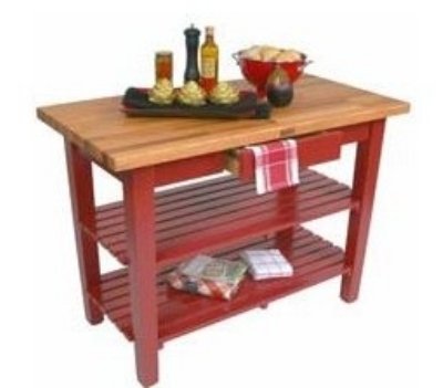 John Boos OC3625-S-BN Barn Red Base Cream Finish Oak Finger Jointed Top C Table with Shelf, 36 x 25 1.5 inch - 1 each.