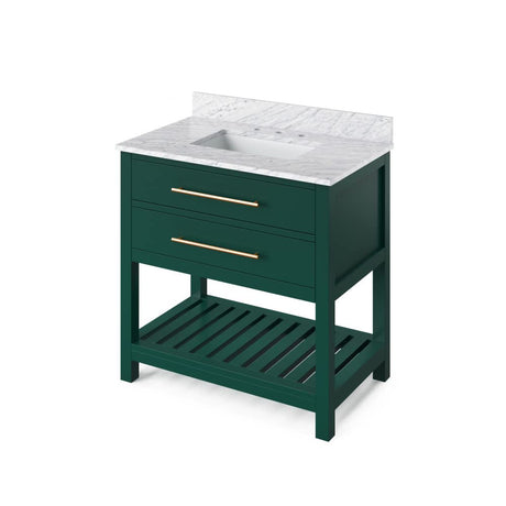 Jeffrey Alexander VKITWAV36GNWCR 36" Forest Green Wavecrest Vanity, White Carrara Marble Vanity Top, undermount rectangle bowl