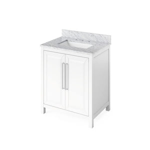 Jeffrey Alexander VKITCAD30WHWCR 30" White Cade Vanity, White Carrara Marble Vanity Top, undermount rectangle bowl