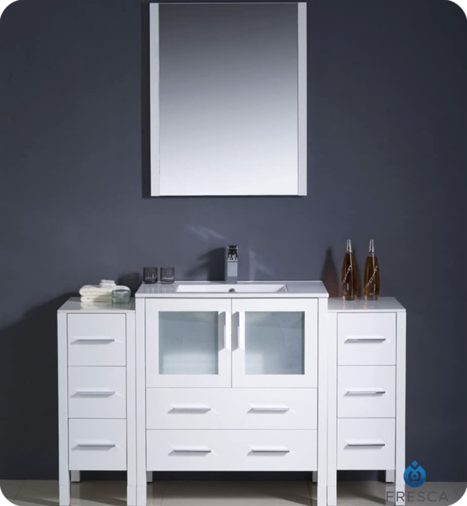 Fresca FVN62-123012WH-UNS Fresca Torino 54" White Modern Bathroom Vanity w/ 2 Side Cabinets & Integrated Sink