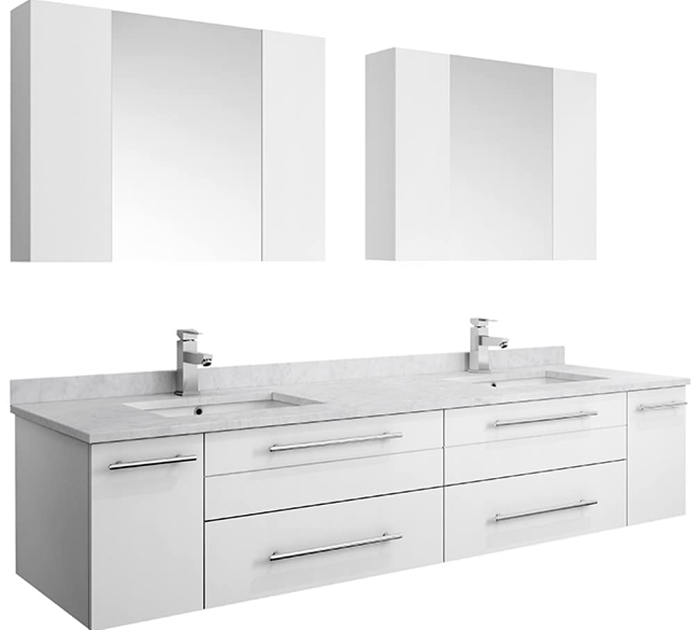 Fresca FVN6172WH-UNS-D Fresca Lucera 72" White Wall Hung Double Undermount Sink Modern Bathroom Vanity w/ Medicine Cabinets