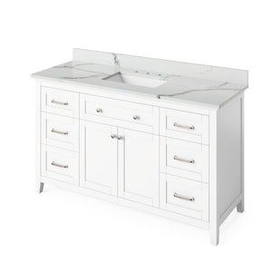 Jeffrey Alexander VKITCHA60SWHCQR 60" White Chatham Vanity, Calacatta Vienna Quartz Vanity Top, undermount rectangle bowl