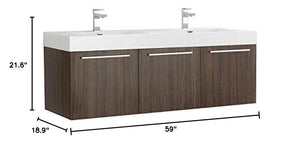 Fresca FCB8093GW-D-I Fresca Vista 60" Walnut Wall Hung Double Sink Modern Bathroom Cabinet w/ Integrated Sink