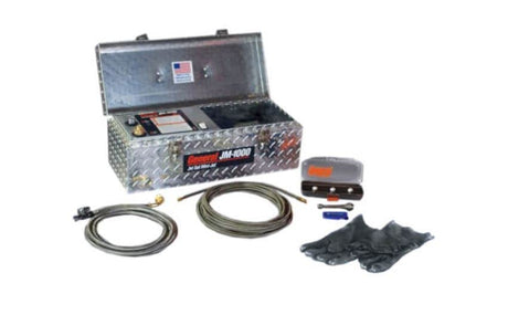 General Wire JM-1000-B Mini-Jet consisting of: 13 amp motor w/GFCI, 1500 psi/ 1.4 gpm pump, Rubber Gloves, 50' X 1/8" Hose, 4 Piece Nozzle Set, Water Supply Hose, and Threaded Faucet Adapter.