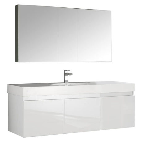 Fresca FVN8041WH Fresca Mezzo 60" White Wall Hung Single Sink Modern Bathroom Vanity w/ Medicine Cabinet