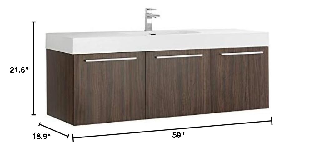 Fresca FCB8093GW-I Fresca Vista 60" Walnut Wall Hung Single Sink Modern Bathroom Cabinet w/ Integrated Sink