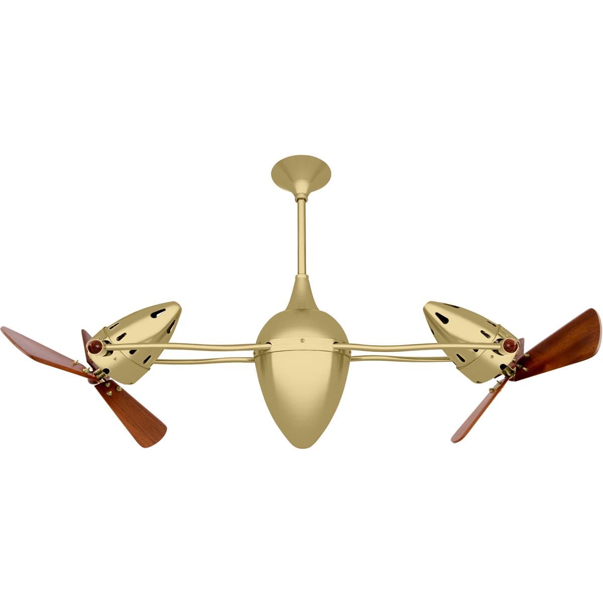 Matthews Fan AR-BRBR-WD Ar Ruthiane 360° dual headed rotational ceiling fan in brushed brass finish with solid sustainable mahogany wood blades.