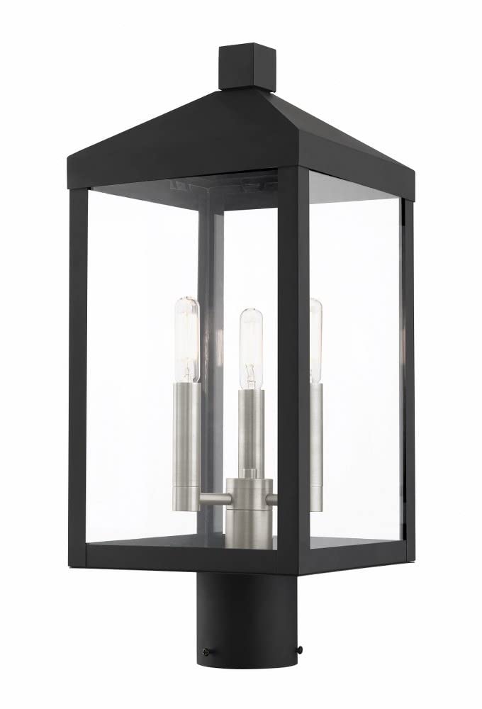 Livex Lighting 3 Light Black Outdoor Post Top Lantern Nickel