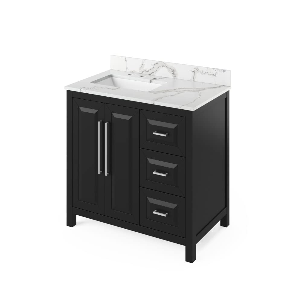 Jeffrey Alexander VKITCAD36BKCQR 36" Black Cade Vanity, left offset, Calacatta Vienna Quartz Vanity Top, undermount rectangle bowl