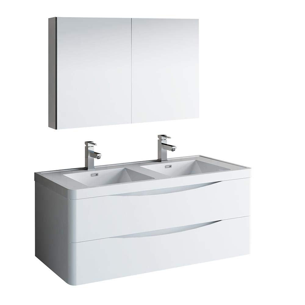 Fresca FVN9048WH-D Fresca Tuscany 48" Glossy White Wall Hung Double Sink Modern Bathroom Vanity w/ Medicine Cabinet