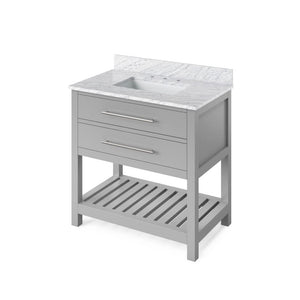 Jeffrey Alexander VKITWAV36GRWCR 36" Grey Wavecrest Vanity, White Carrara Marble Vanity Top, undermount rectangle bowl