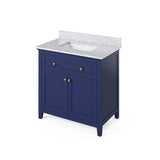 Jeffrey Alexander VKITCHA36BLWCR 36" Hale Blue Chatham Vanity, White Carrara Marble Vanity Top, undermount rectangle bowl