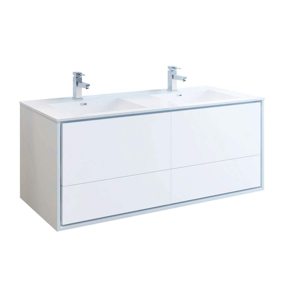 Fresca FCB9260WH-D-I Fresca Catania 60" Glossy White Wall Hung Modern Bathroom Cabinet w/ Integrated Double Sink